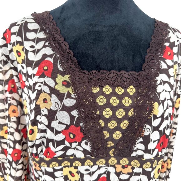 Apt 9 Y2K Babydoll Top Women 2X Floral Empire Waist Boho Lace Trim Brown Vintage - Picture 1 of 7